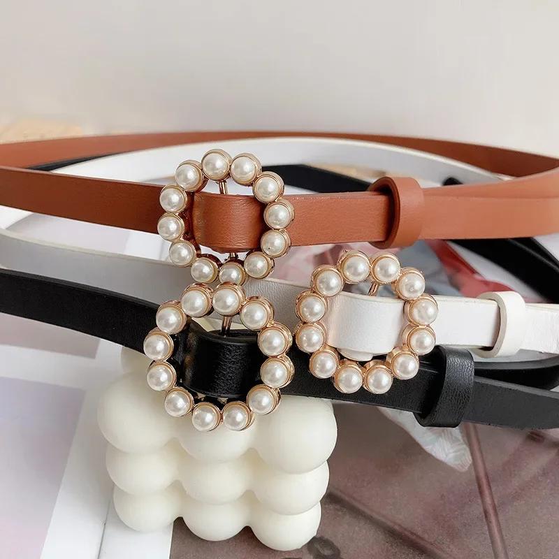 New Korean Fashion Versatile Women's Smooth Buckle Belt with Round Inlaid Decoration Pearl Belt Women's Clothing Accessories