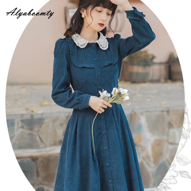 Mori Girl Autumn Winter Women Long Shirt Dress Blue Beading Vintage Buttons Dress Corduroy Elegant Feminine Dress With Belt