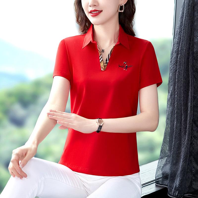 

YYFS Женская мода Повседневная Летняя Весна Однотонный Принт Короткий Рукав Воротник ПОЛО Блузки и Рубашки XXXXXL