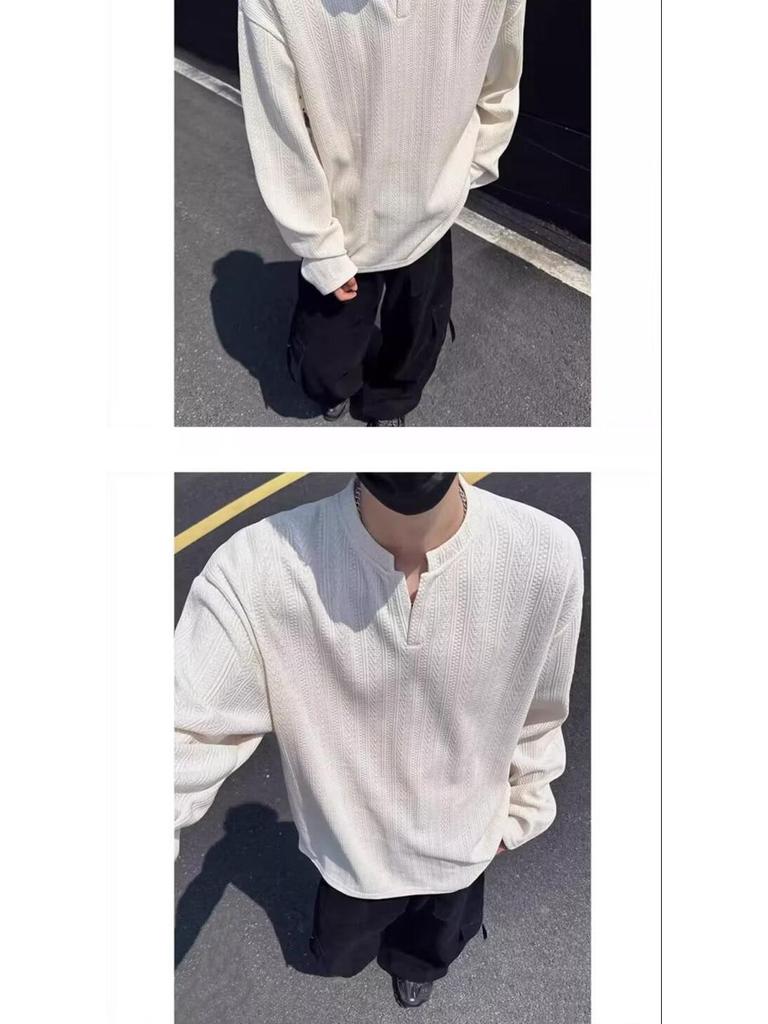 Men's High-End Jacquard Hoodie: Wrinkled Waffle Knit Long Sleeve T-Shirt with Elastic Padded Shoulders