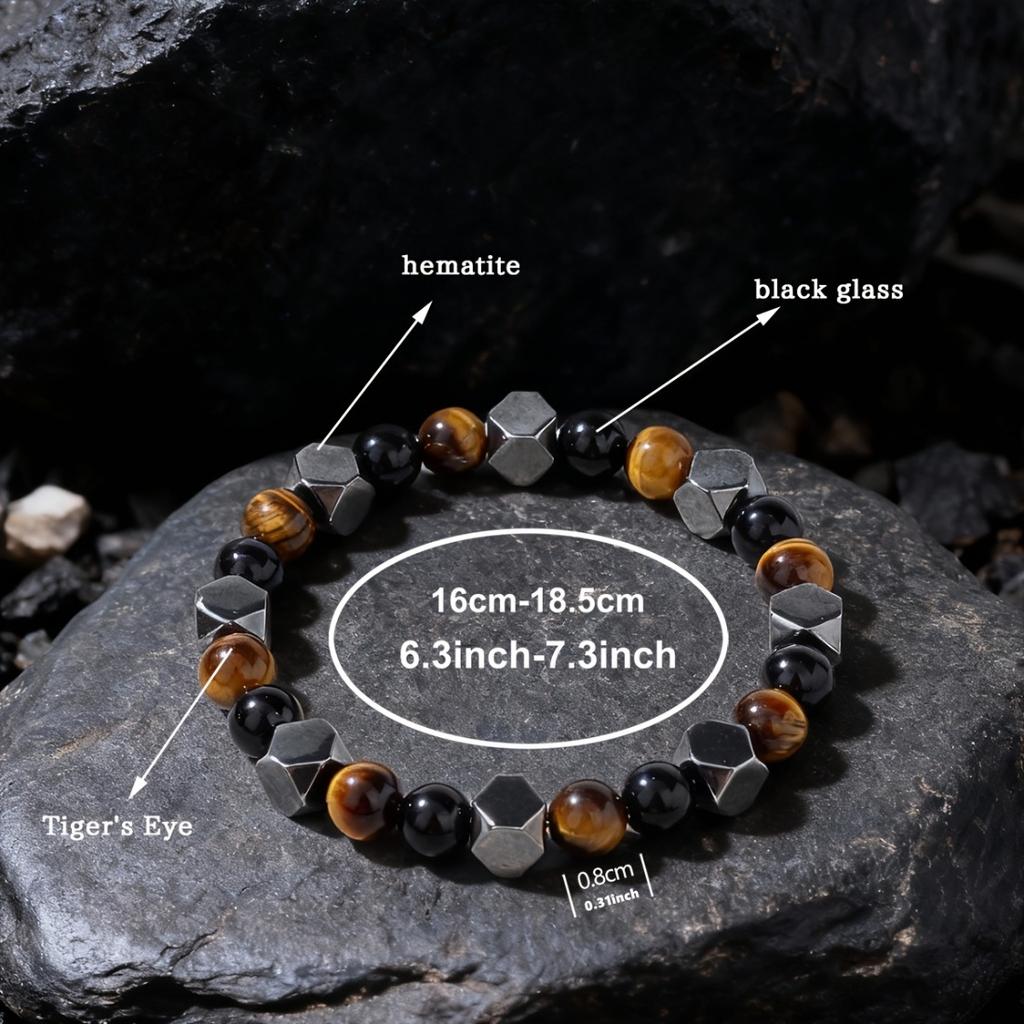 0.31 Inch Natural Stone Beaded Bracelet for Men, Tiger Eye Hematite Punk Protective Bracelet