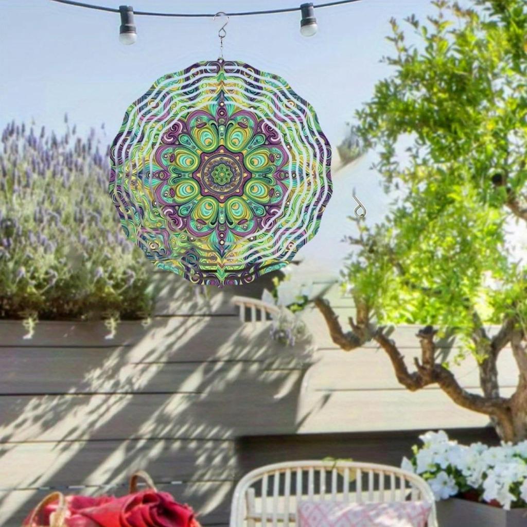 1ks Umělecká Zelená Mandala Kovová Větrná Zvonkohra Rotující Dekorace, 25,4 cm, Vnitřní Venkovní Závěsná, Ideální pro Vánoce, Halloween, Den díkůvzdání
