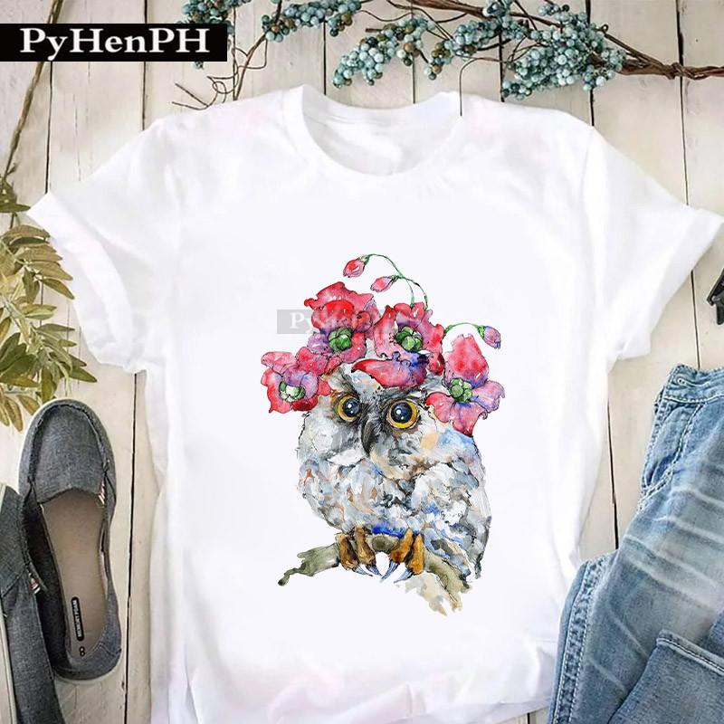 Womens Personalized Owl Print Graphic TShirt Short Sleeve Round Neck Summer Fashion Trend Aesthetic Top