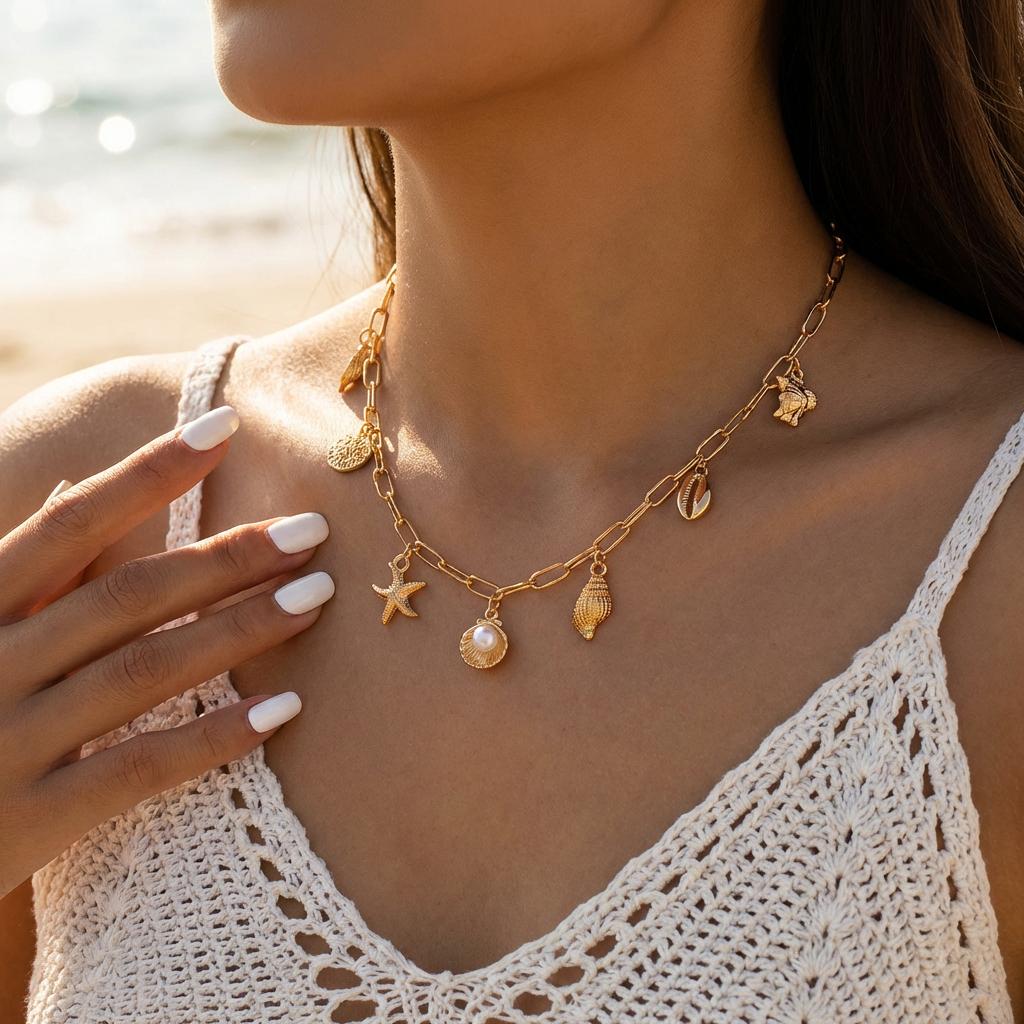 

Minimalist Dainty Gold Color Chain Necklace Boho Starfish Shell Turtle Charms Necklace Women Summer Beach Vacation Jewelry Gift