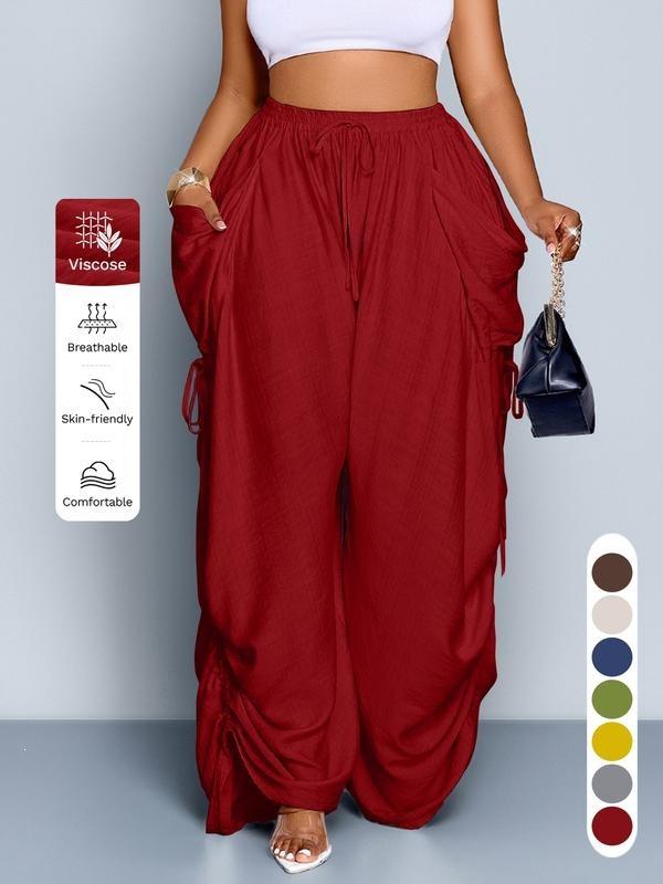 Women's Elastic Drawstring Waist Wide Leg Pants Loose Palazzo Trousers Retro Punk Ruched Casual Pants