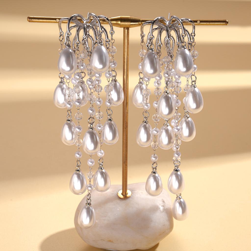 Imitation pearl glass fireworks water drop fringe silver needle earrings elegant fashion niche earrings