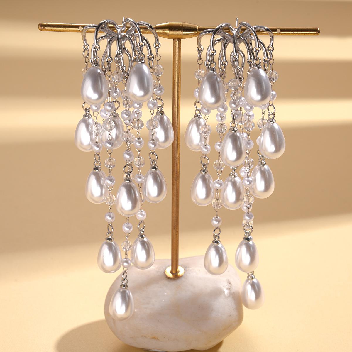 Серьги с имитацией жемчуга, стеклянными фейерверками, бахромой в виде капель воды, серебряной иглой, элегантные, модные, нишевые серьги