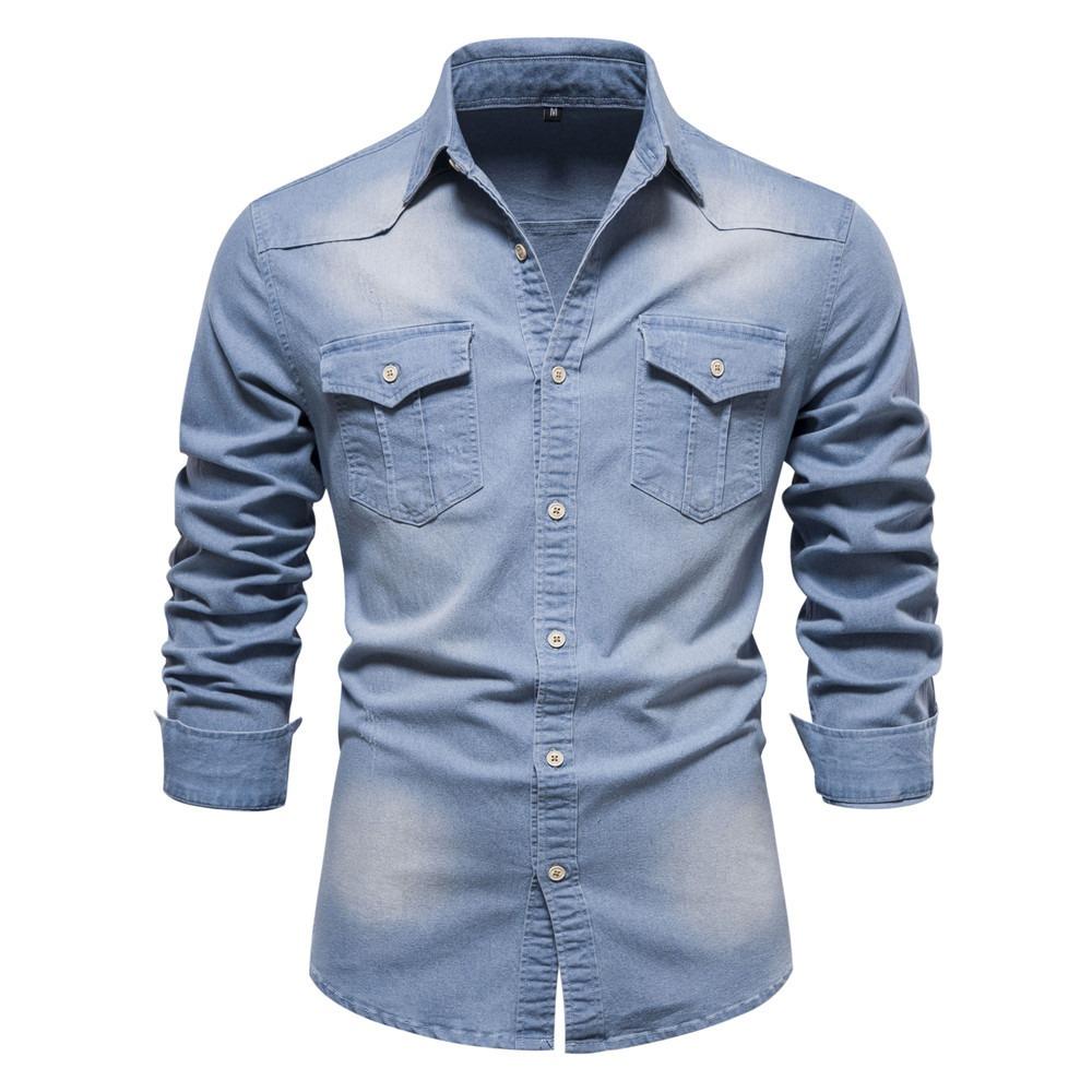 Elastic Cotton Denim Shirt Men Long Sleeve Quality Cowboy Shirts for Men Casual Slim Fit Mens Designer Clothing