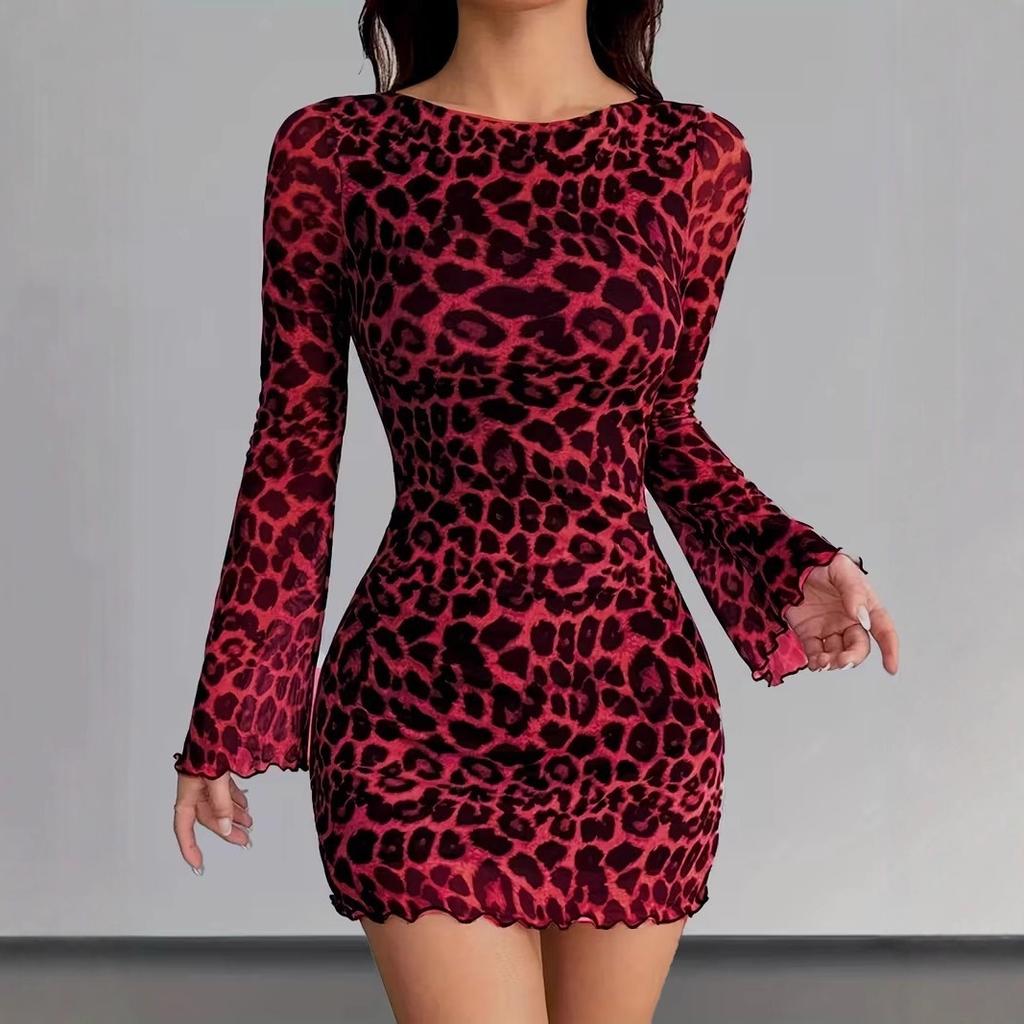 Kawaii Dívčí Módní Topy Studentské Kreslené Ležérní Dámské Oblečení Šaty s Dlouhým Rukávem Leopardí Vzor Síťovina Elegantní Sexy pro Ženy