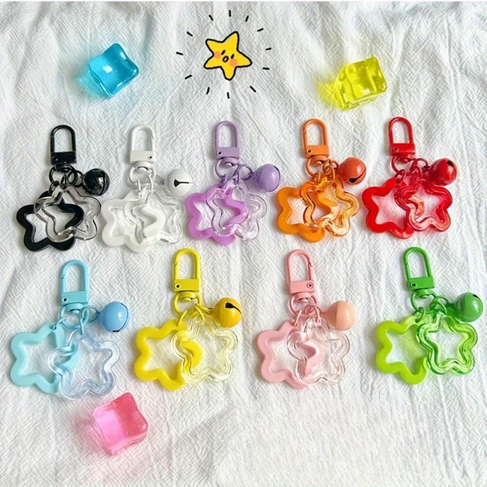 10pcs Vibrant Acrylic Star Keychains with Bell - Multicolor Hollow Pentagram Charms for Bags & Backpacks, Ideal for Birthday Gifts
