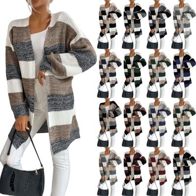 Damenmode Locker Früh Neu Mittellang Gestrickte Strickjacke Japanischer Gestreifter Farbabstimmungs-Pullover Jacke