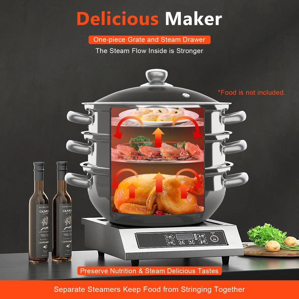 28cm Three-Layer Stainless Steel Soup Steamer | 410 Stainless Steel, Silver, with Transparent Lid, 32.5 * 25cm/12.8 * 9.84in