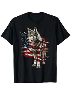 4. Juli Amerikanische Flagge Wolf Outfit T-Shirt | Unisex Lässig Rundhals Outdoor