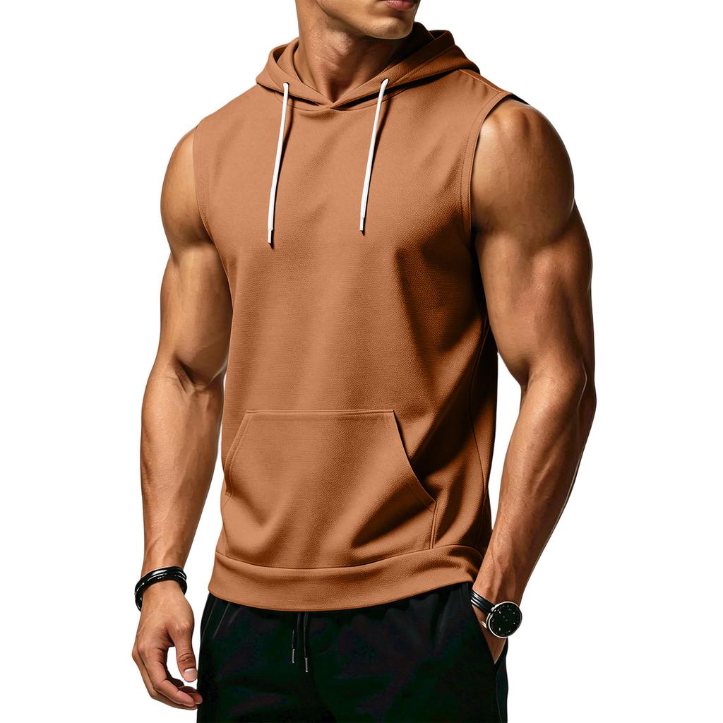 Men's Sleeveless Hoodie Casual Sportswear Muscle Fit Wide Shoulder Drawstring Hooded Pocket Tank Top