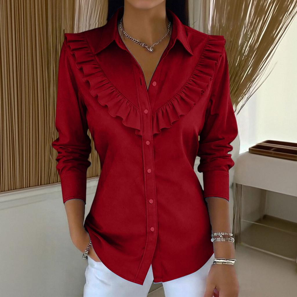 Women's Color Shirt Collar Long Sleeve Casual Loose Flared Cotton Linen Top