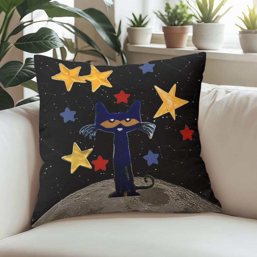 Moon Cat & Stars Square Jacquard Pillow Cover for Sofa Office Waist Cushion Cover Home Decorative Pillowcase