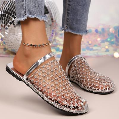 Bling Gold Silver Crochet Net Mule Slippers Woman Brand Design Mesh Flat Sandals Ladies Summer Elegant Hollow Out Fishnet Shoes