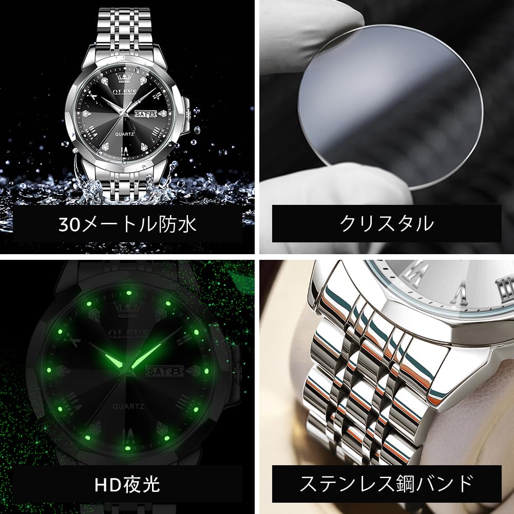 OLEVS Men's Quartz Fragrance Watch, Stainless Steel, Waterproof, Date Display, Calendar, Luminous, Popular, Stylish, Brand Name, Black