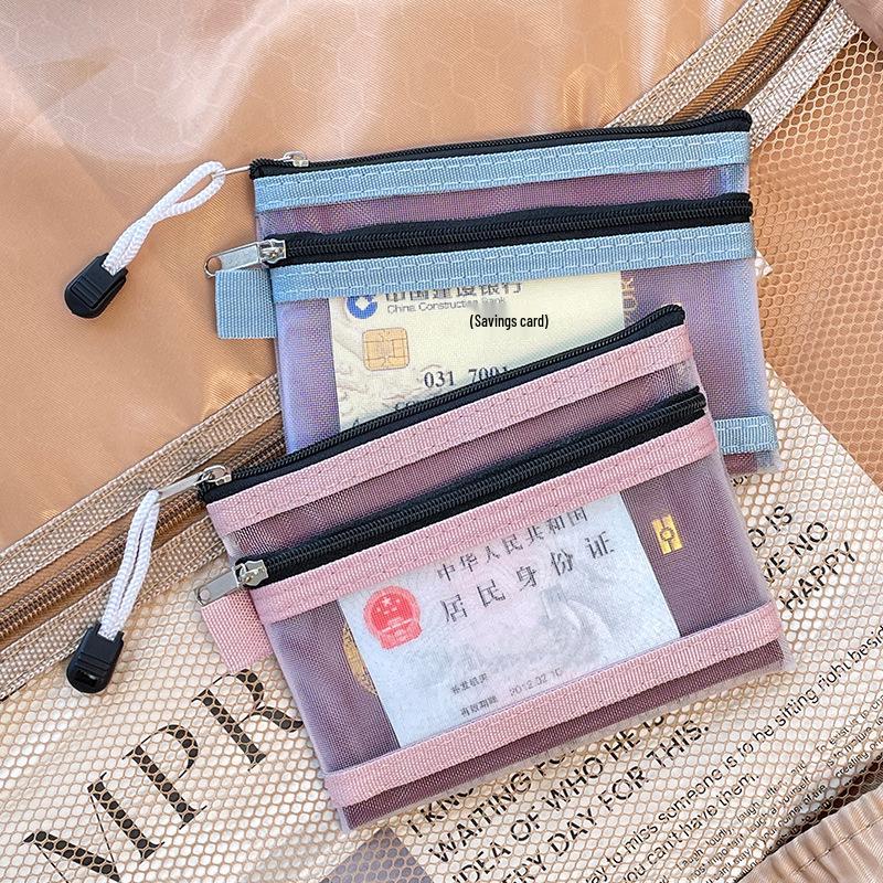Double-Layer Card Holder & Document Storage Bag: Portable License Pouch with Zipper and Mesh for Passport & Household Registration Book