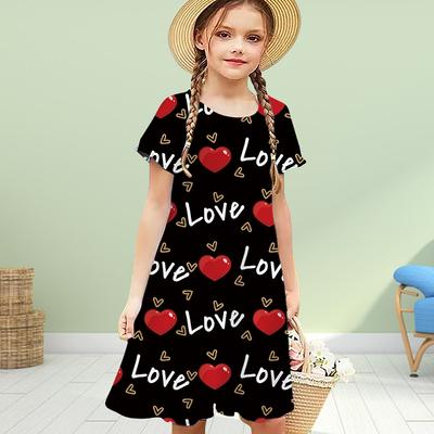 Girls 3D Print Black and Red Love Dresses Kids Girl Party Short Sleeved Princess Dress 3D Print Dress