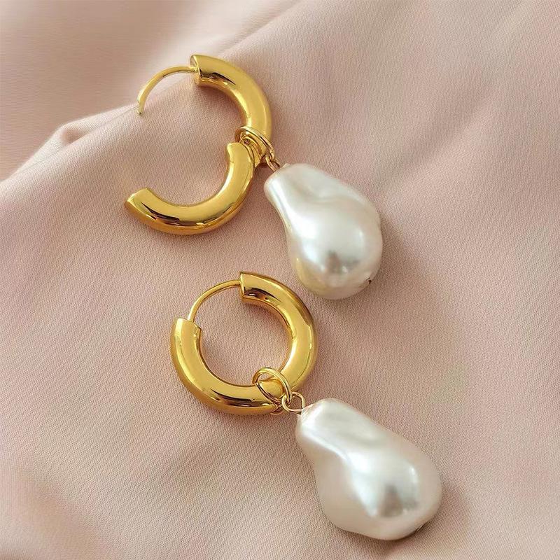 European Retro High-end Asymmetrical Pearl Earrings for Women Titanium Steel Earrings Long Earrings Sassy Earrings Non-fading