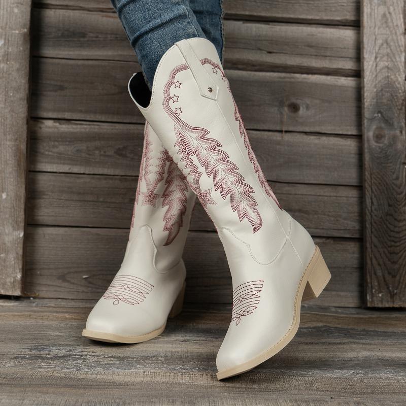 2024 Fashion Women's Shoes Mid-Calf Women's Boots Retro Daily Boots Women Embroidery Slip on Square Toe Square Heel Ladies Shoes