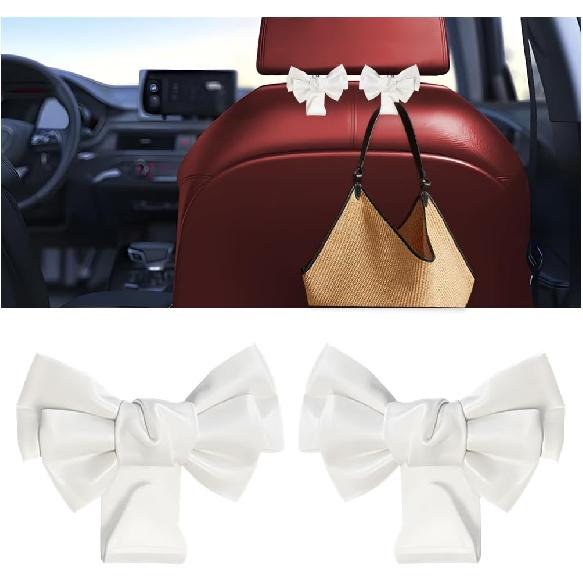 Car Purse Hooks, 2PCS Cute Bow Vehicle Seat Headrest Hanger for Bags, Space Saving Automotive Back Seat Storage Hanging Holder Decor Accessories,