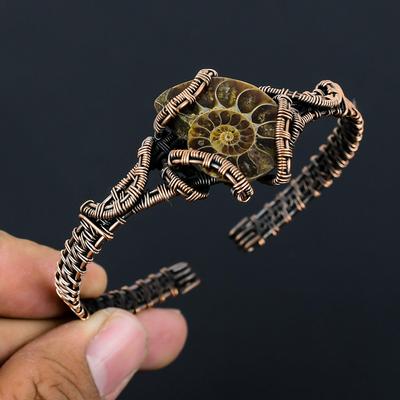 Ammonite Fossil Gemstone Handmade Copper Wire Wrap Jewelry Adjustable Cuff For Women