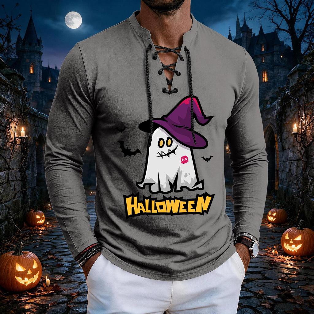 Men's Vintage Halloween Print Lace-Up Long Sleeve T-Shirt
