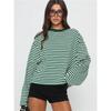 Damen gestreiftes Langarm-T-Shirt locker übergroß Rundhalsausschnitt Freizeit Kontrastfarbe Vintage Basic T-Shirt Top