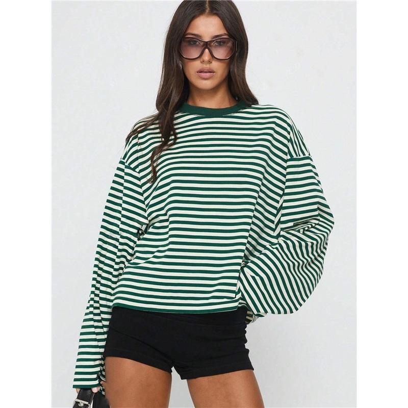 Damen gestreiftes Langarm-T-Shirt locker übergroß Rundhalsausschnitt Freizeit Kontrastfarbe Vintage Basic T-Shirt Top