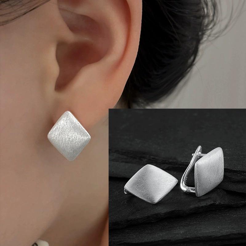 925 Silver Geometry Stud Earrings For Women Frosted Versatile Jewelry Gift Office Party Wear
