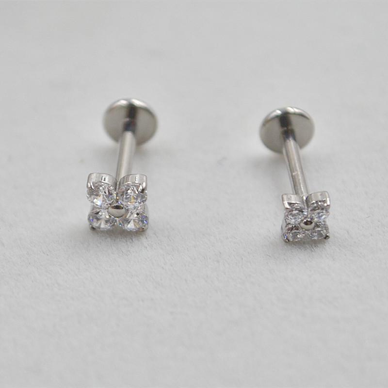 Titanium G23 ASTM F136 Push-in Labret Stud with Inlaid Zircon for Ear Cartilage Piercing