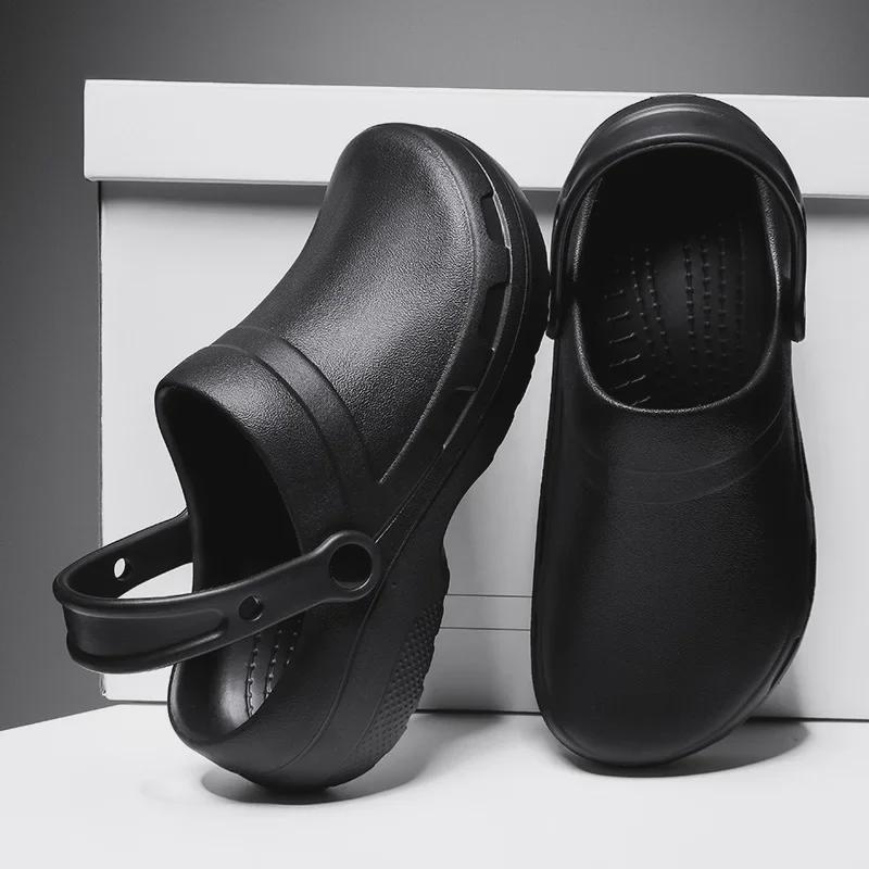 Men's Summer Black Non-Slip, Breathable, Waterproof, Oil-Proof Kitchen Work Slippers with Thick Soles