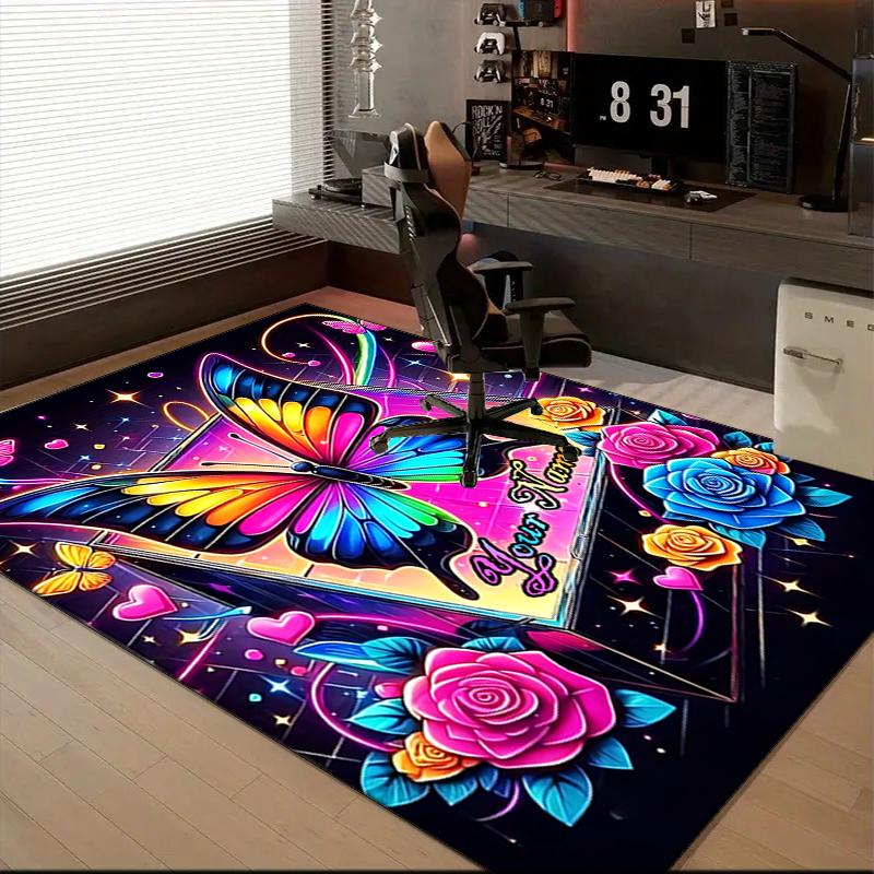 1PC Custom Name Butterfly Magic Art Theme Floor Mat Ideal for Living Room, Game Rooms, Office, Bedroom, Floor Mat Playful Design
