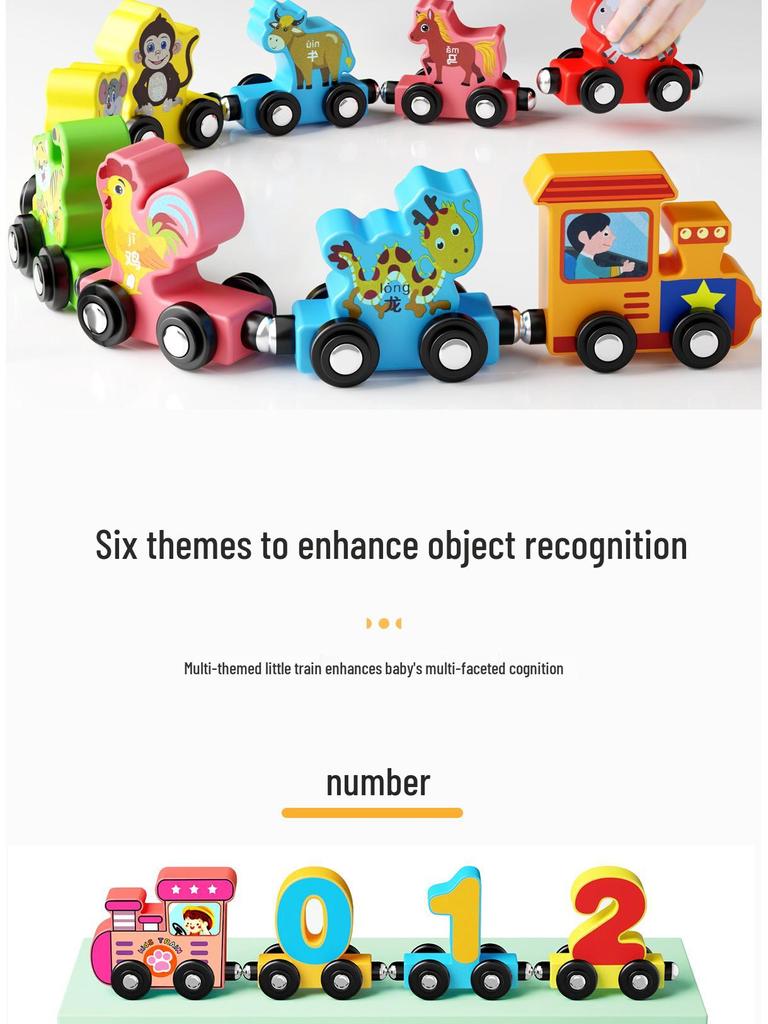 Wooden Montessori Puzzle: Magnetic Train with Numbers, Zodiac Signs, Letters & Fruits for Early Education and Brain Training