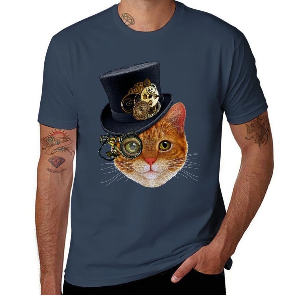 Orange Cat with Steampunk Hat and Monocle TShirt Casual Trendy Short Sleeve TShirt