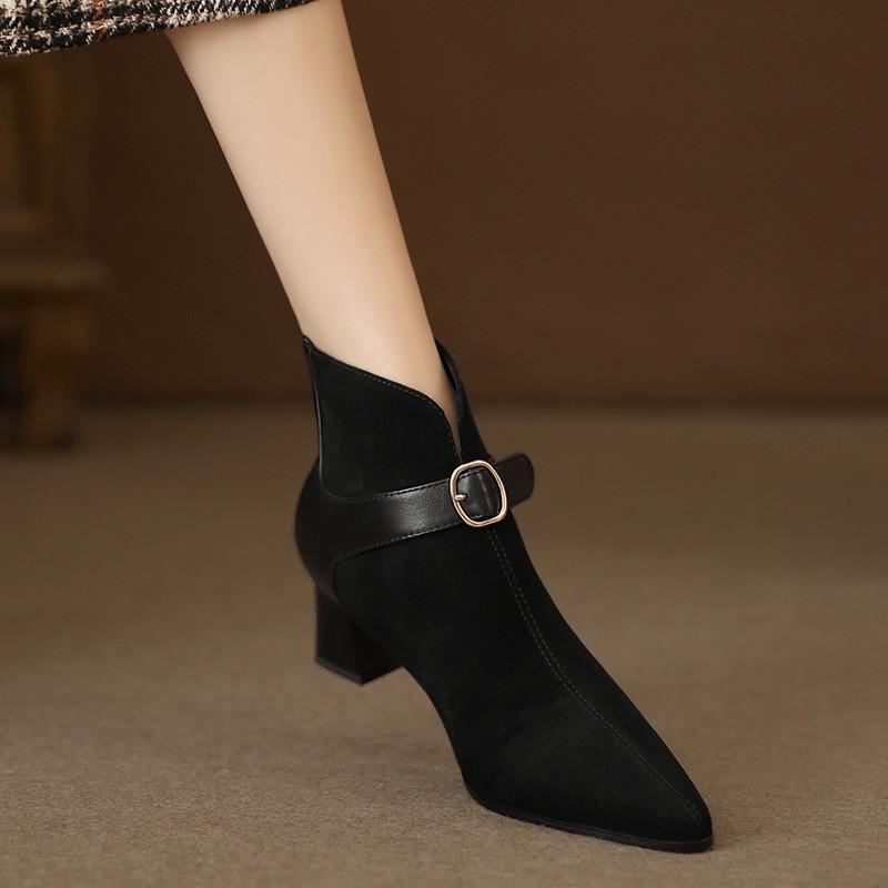 2024 Autumn/Winter New Combination Mid Heel Thick Heel High Heel Pointed Boots Women's Brown Short Boots Women's