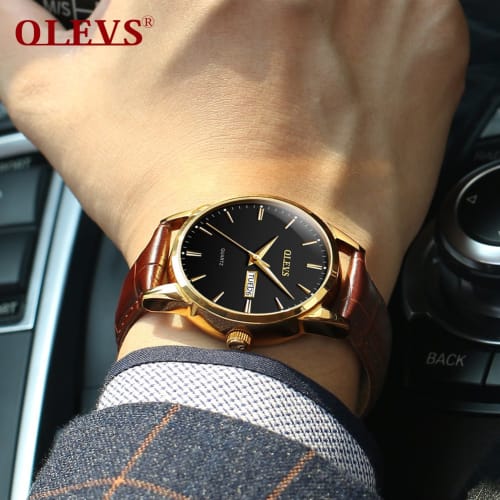 OLEVS Men's Watch Arm Watch Stylish Ultra Thin Leather Strap Quartz Analog Date Display Watch for Men