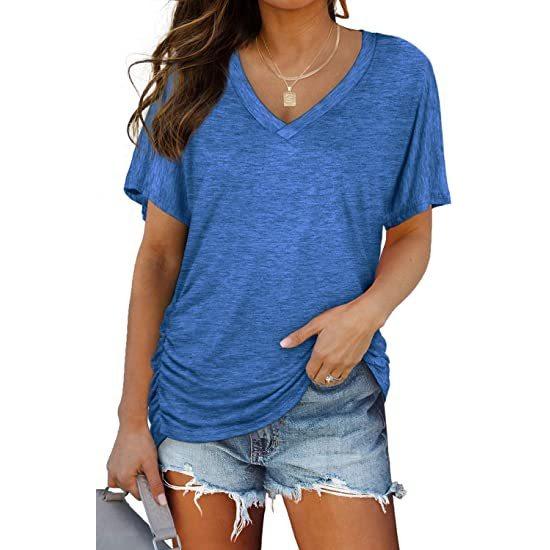 GMXIA Women's Solid Color Bat-sleeve Side Pleated V-neck Short-sleeved T-shirt