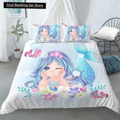 Juego de ropa de cama, funda de edredón para cuna para bebés y niños, diseño de dibujos animados de sirena, niñas, princesas, tamaño King, Queen y Twin, 2 o 3 piezas, funda de edredón de poliéster