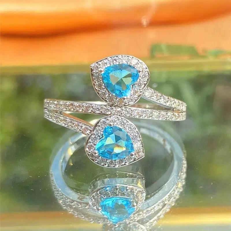 Fashion Double Love Heart Aqua Blue Cubic Zirconia Rings For Women Engagement Jewelry Rings For Girlfriend Anniversary Gift