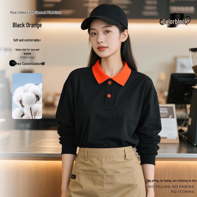 Customizable Pure Cotton Long-Sleeved Autumn/Winter Barista Uniforms for Milk Tea Shops, Dessert Shops, Fast Food Restaurants, and Catering.