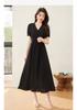 French Style V-Neck Bubble Sleeve Waist-Cinching Long Dress for Women