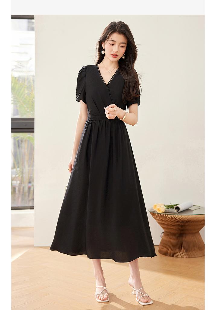 French Style V-Neck Bubble Sleeve Waist-Cinching Long Dress for Women