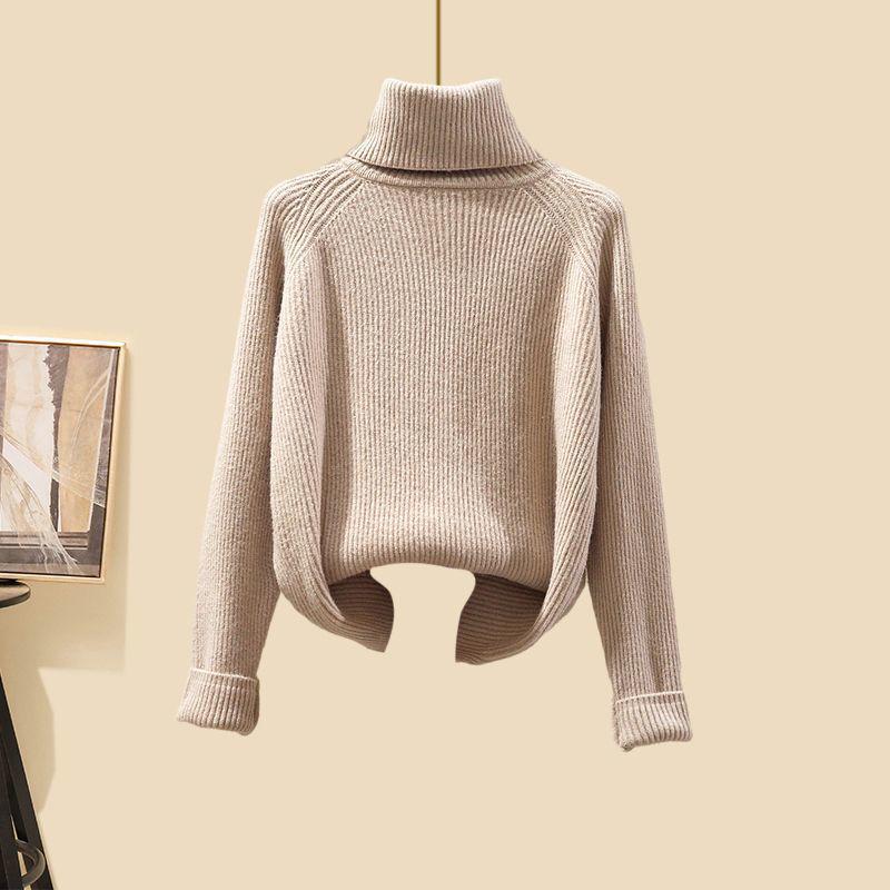 Women's Autumn 2024 Three-Piece Set: Mid-Length Cardigan Jacket, High-Neck Sweater, and Slim Wide-Leg Pants