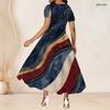 Women Plus Size Round Neck Short Sleeve Printed Color Block A Line Long Dress