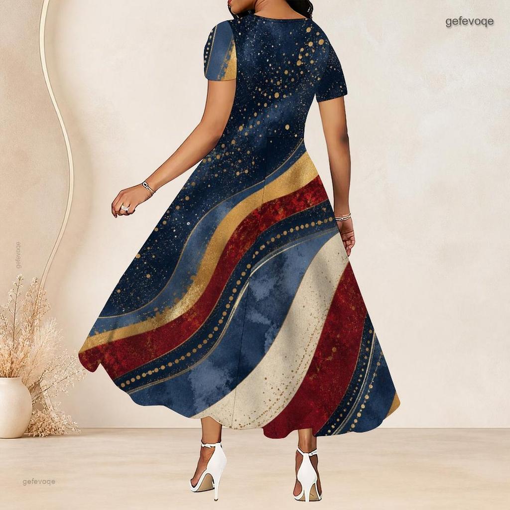 Women Plus Size Round Neck Short Sleeve Printed Color Block A Line Long Dress