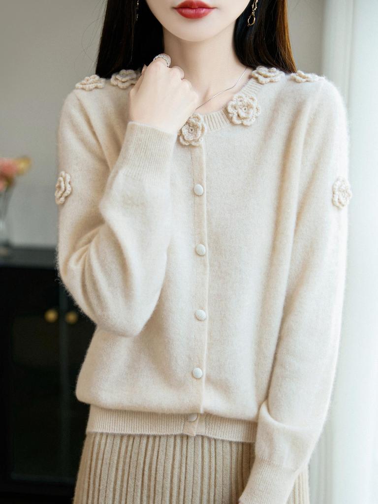 Women's 100% Pure Wool Crochet Cardigan: Round Neck, Rose Flower Design, Loose Knit Sweater Top.