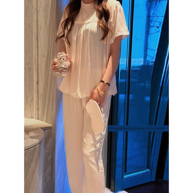 

American Light Luxury ~ Lily Satin Surface Pajamas Women s Suit Jacquard Palace Style Sweet Long sleeve Trousers Homewear Lilies short sleeve pants pullover L